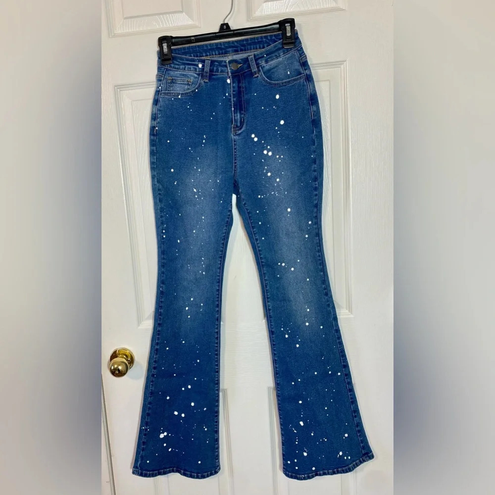 Shein Paint Splattered Blue Flared Jeans